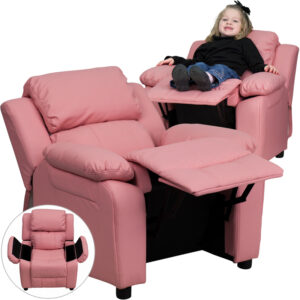 Wholesale Deluxe Padded Contemporary Pink Vinyl Kids Recliner with Storage Arms