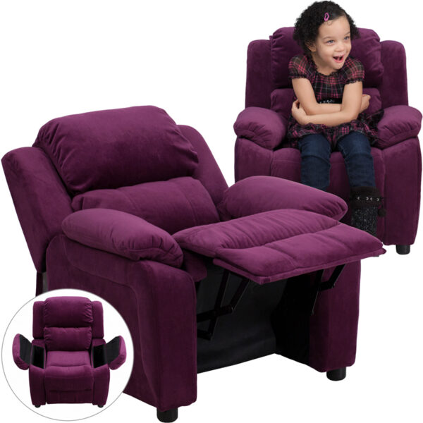 Wholesale Deluxe Padded Contemporary Purple Microfiber Kids Recliner with Storage Arms