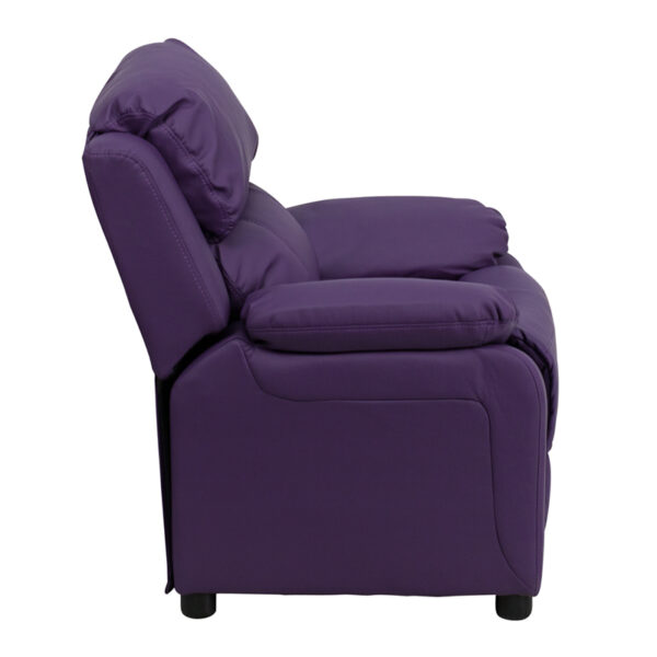 Lowest Price Deluxe Padded Contemporary Purple Vinyl Kids Recliner with Storage Arms