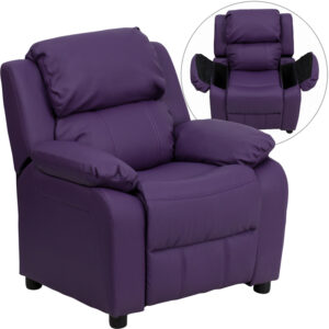 Wholesale Deluxe Padded Contemporary Purple Vinyl Kids Recliner with Storage Arms