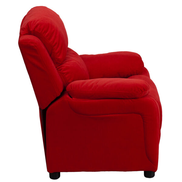 Lowest Price Deluxe Padded Contemporary Red Microfiber Kids Recliner with Storage Arms