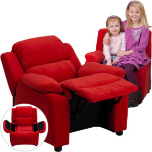 Wholesale Deluxe Padded Contemporary Red Microfiber Kids Recliner with Storage Arms