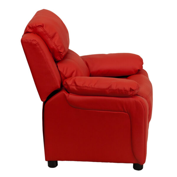 Lowest Price Deluxe Padded Contemporary Red Vinyl Kids Recliner with Storage Arms