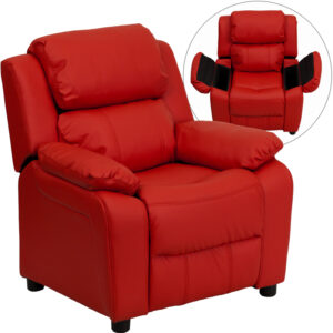 Wholesale Deluxe Padded Contemporary Red Vinyl Kids Recliner with Storage Arms