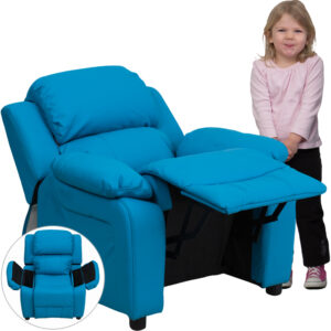 Wholesale Deluxe Padded Contemporary Turquoise Vinyl Kids Recliner with Storage Arms