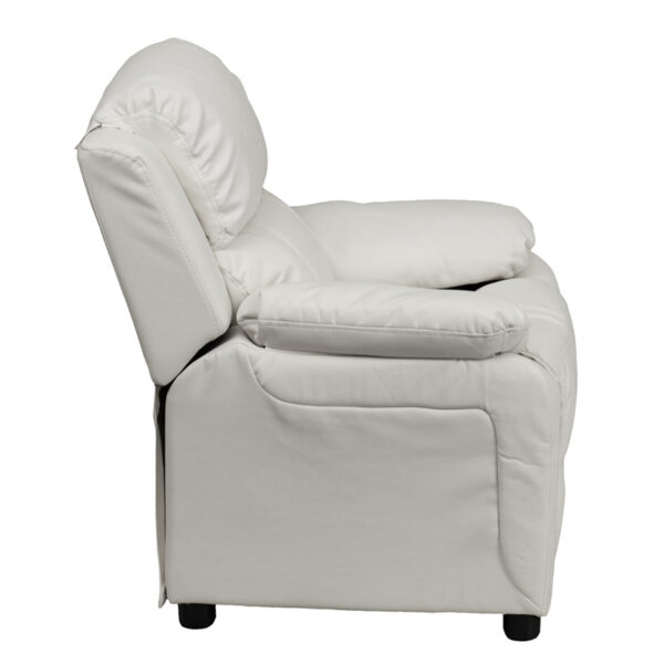 Lowest Price Deluxe Padded Contemporary White Vinyl Kids Recliner with Storage Arms