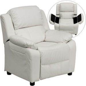 Wholesale Deluxe Padded Contemporary White Vinyl Kids Recliner with Storage Arms