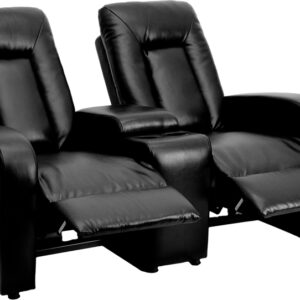 Wholesale Eclipse Series 2-Seat Push Button Motorized Reclining Black Leather Theater Seating Unit with Cup Holders