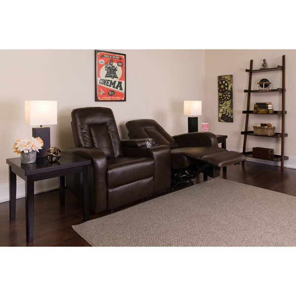 Lowest Price Eclipse Series 2-Seat Push Button Motorized Reclining Brown Leather Theater Seating Unit with Cup Holders