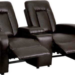 Wholesale Eclipse Series 2-Seat Push Button Motorized Reclining Brown Leather Theater Seating Unit with Cup Holders