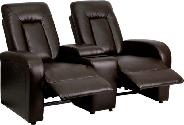 Wholesale Eclipse Series 2-Seat Push Button Motorized Reclining Brown Leather Theater Seating Unit with Cup Holders