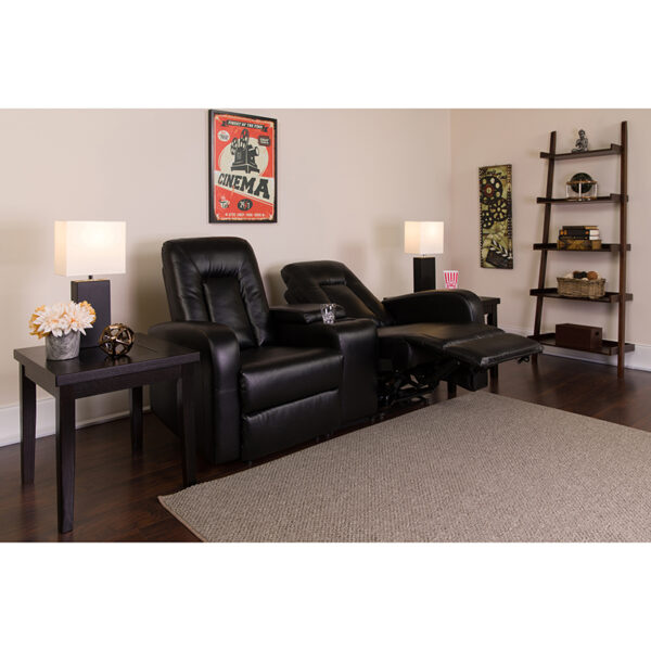 Lowest Price Eclipse Series 2-Seat Reclining Black Leather Theater Seating Unit with Cup Holders