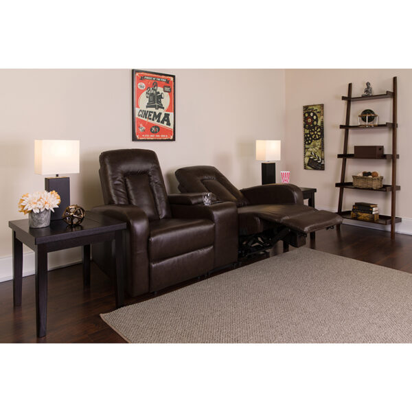 Lowest Price Eclipse Series 2-Seat Reclining Brown Leather Theater Seating Unit with Cup Holders