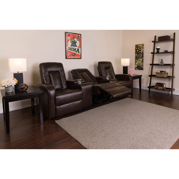Lowest Price Eclipse Series 3-Seat Reclining Brown Leather Theater Seating Unit with Cup Holders