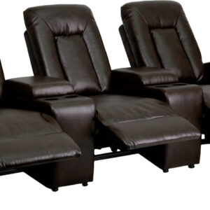 Wholesale Eclipse Series 3-Seat Reclining Brown Leather Theater Seating Unit with Cup Holders