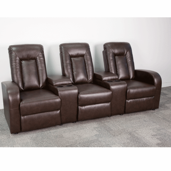 Contemporary Theater Seating Brown Leather Theater - 3 Seat