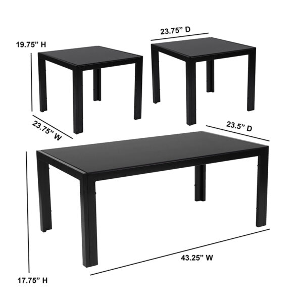 Lowest Price Franklin Collection 3 Piece Coffee and End Table Set with Black Glass Tops and Black Metal Legs