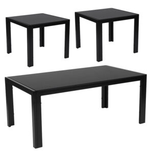 Wholesale Franklin Collection 3 Piece Coffee and End Table Set with Black Glass Tops and Black Metal Legs