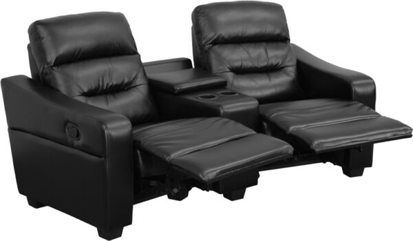 Wholesale Futura Series 2-Seat Reclining Black Leather Theater Seating Unit with Cup Holders