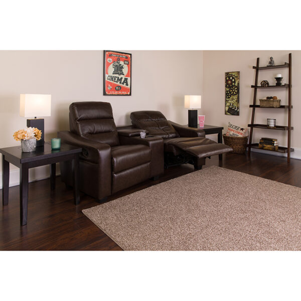 Lowest Price Futura Series 2-Seat Reclining Brown Leather Theater Seating Unit with Cup Holders