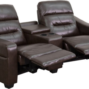 Wholesale Futura Series 2-Seat Reclining Brown Leather Theater Seating Unit with Cup Holders
