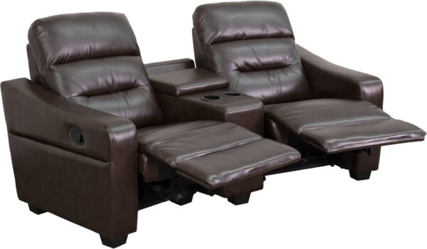 Wholesale Futura Series 2-Seat Reclining Brown Leather Theater Seating Unit with Cup Holders
