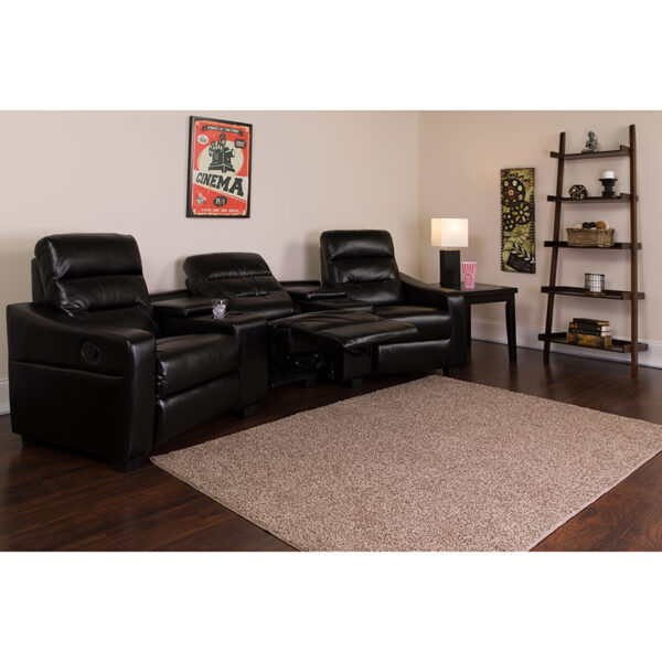 Lowest Price Futura Series 3-Seat Reclining Black Leather Theater Seating Unit with Cup Holders