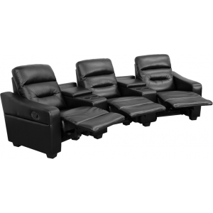 Wholesale Futura Series 3-Seat Reclining Black Leather Theater Seating Unit with Cup Holders