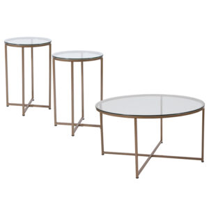 Wholesale Greenwich Collection 3 Piece Coffee and End Table Set with Glass Tops and Matte Gold Frames
