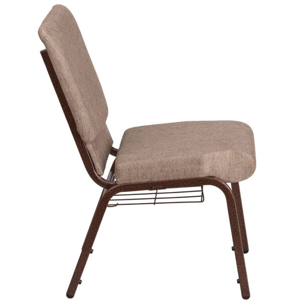 Lowest Price HERCULES Series 18.5''W Church Chair in Beige Fabric with Book Rack - Copper Vein Frame