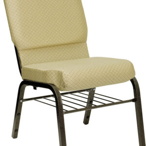 Wholesale HERCULES Series 18.5''W Church Chair in Beige Patterned Fabric with Book Rack - Gold Vein Frame