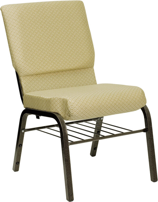 Wholesale HERCULES Series 18.5''W Church Chair in Beige Patterned Fabric with Book Rack - Gold Vein Frame