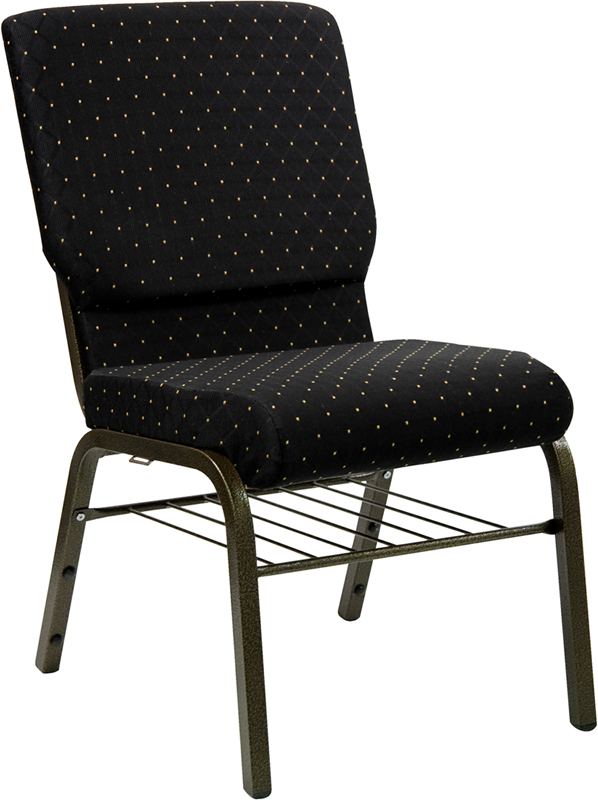 Wholesale HERCULES Series 18.5''W Church Chair in Black Dot Patterned Fabric with Book Rack - Gold Vein Frame