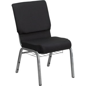 Wholesale HERCULES Series 18.5''W Church Chair in Black Patterned Fabric with Cup Book Rack - Silver Vein Frame
