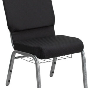 Wholesale HERCULES Series 18.5''W Church Chair in Black Patterned Fabric with Cup Book Rack - Silver Vein Frame