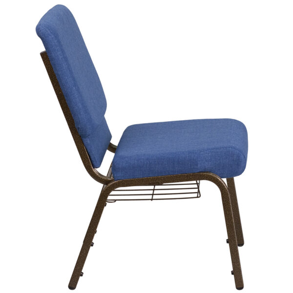 Lowest Price HERCULES Series 18.5''W Church Chair in Blue Fabric with Cup Book Rack - Gold Vein Frame
