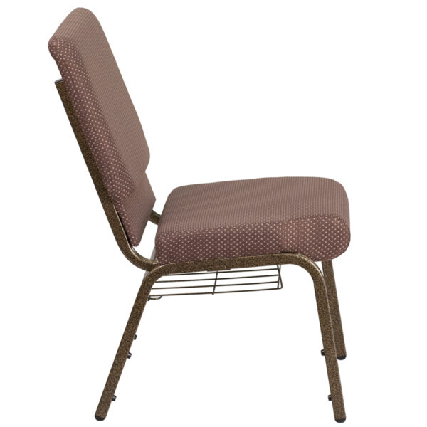Lowest Price HERCULES Series 18.5''W Church Chair in Brown Dot Fabric with Book Rack - Gold Vein Frame