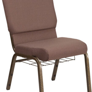 Wholesale HERCULES Series 18.5''W Church Chair in Brown Dot Fabric with Book Rack - Gold Vein Frame