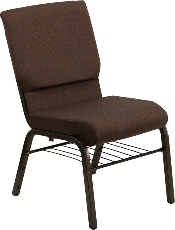 Wholesale HERCULES Series 18.5''W Church Chair in Brown Fabric with Book Rack - Gold Vein Frame