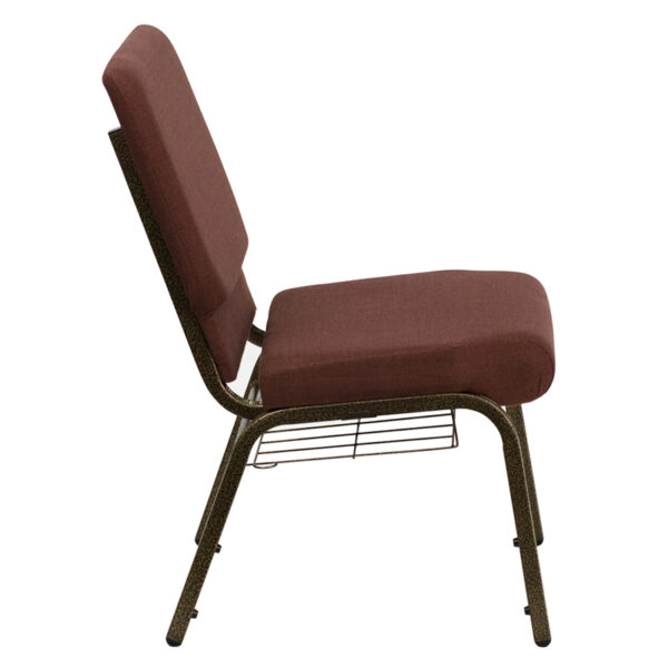 Lowest Price HERCULES Series 18.5''W Church Chair in Brown Fabric with Cup Book Rack - Gold Vein Frame