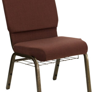 Wholesale HERCULES Series 18.5''W Church Chair in Brown Fabric with Cup Book Rack - Gold Vein Frame