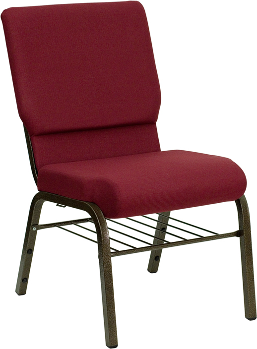 Wholesale HERCULES Series 18.5''W Church Chair in Burgundy Fabric with Book Rack - Gold Vein Frame