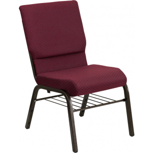 Wholesale HERCULES Series 18.5''W Church Chair in Burgundy Patterned Fabric with Book Rack - Gold Vein Frame