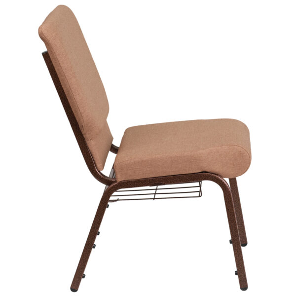 Lowest Price HERCULES Series 18.5''W Church Chair in Caramel Fabric with Cup Book Rack - Copper Vein Frame