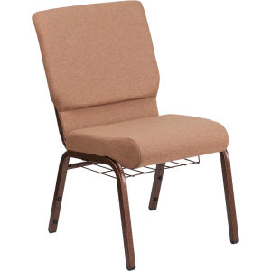 Wholesale HERCULES Series 18.5''W Church Chair in Caramel Fabric with Cup Book Rack - Copper Vein Frame