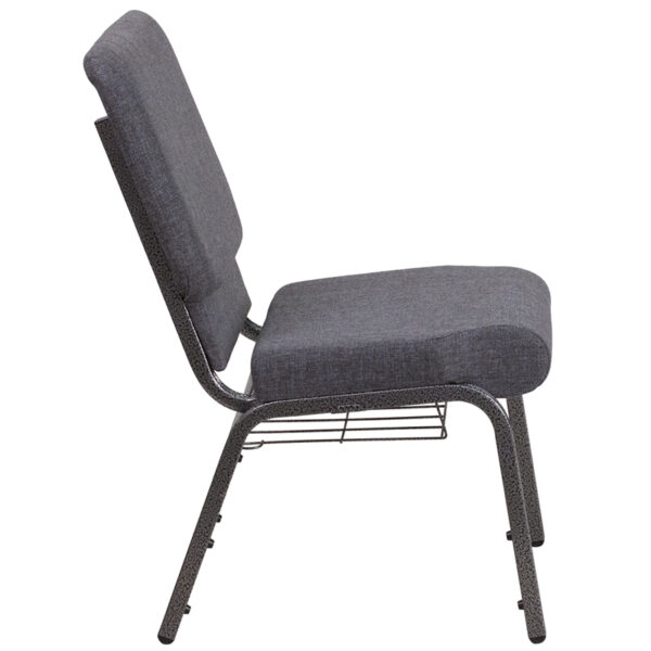 Lowest Price HERCULES Series 18.5''W Church Chair in Dark Gray Fabric with Book Rack - Silver Vein Frame