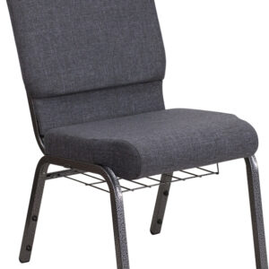 Wholesale HERCULES Series 18.5''W Church Chair in Dark Gray Fabric with Book Rack - Silver Vein Frame