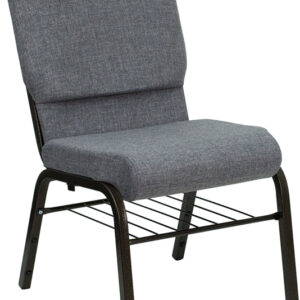 Wholesale HERCULES Series 18.5''W Church Chair in Gray Fabric with Book Rack - Gold Vein Frame