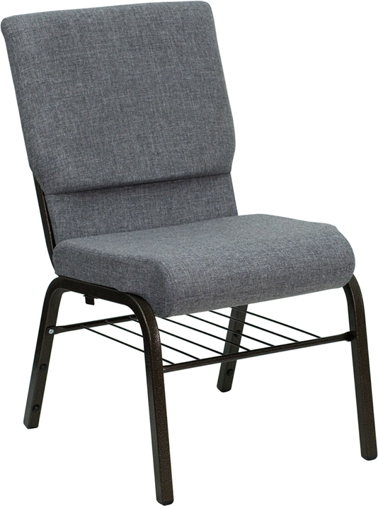 Wholesale HERCULES Series 18.5''W Church Chair in Gray Fabric with Book Rack - Gold Vein Frame