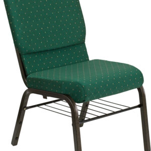 Wholesale HERCULES Series 18.5''W Church Chair in Green Patterned Fabric with Book Rack - Gold Vein Frame